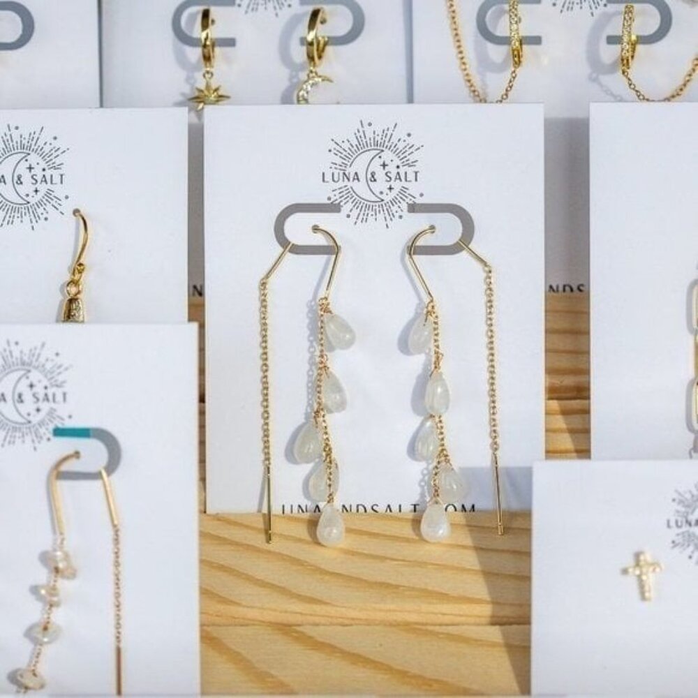 Moonstone Threader Earrings Gemstone Dangle Gold Non-tarnish Earrings Gorgeous - Picture 10 of 13